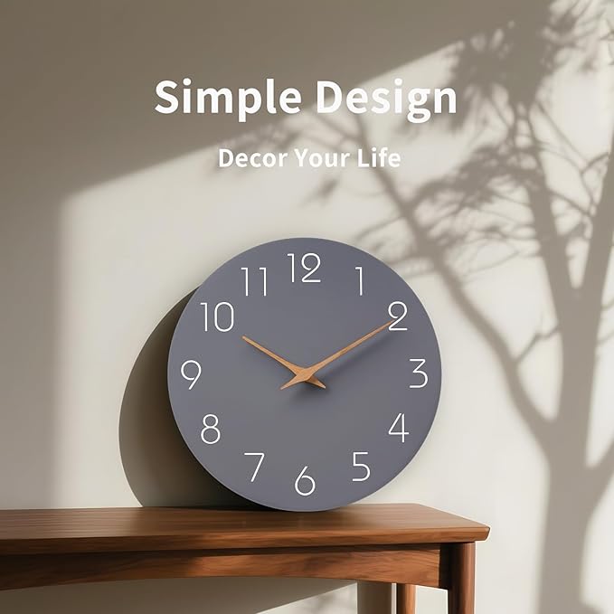 Mosewa Wall Clock 14 Inch Gray Battery Operated Silent Non Ticking Simple Modern Wood Clock Decorative for Bedroom Living Room Kitchen Home Office