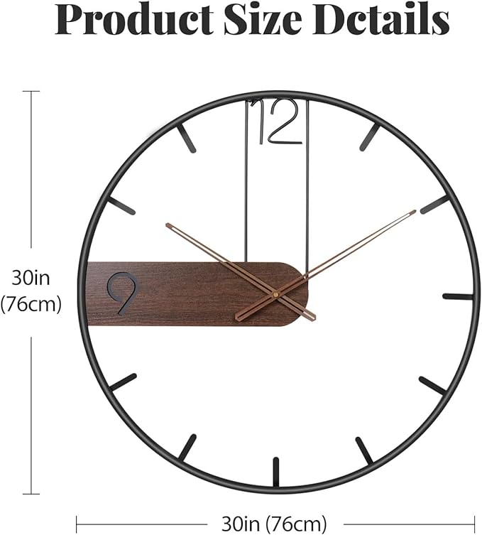 30 Inch Large Wall Clock, Modern Wood Metal Frame Silent Non Ticking Battery Operated Wall Clocks Decoration for Living Room, Bedroom, Kitchen, Minimalist Walnut Dial Arabic Numerals