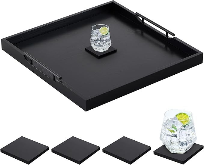 Large Square Ottoman Tray 24 x 24 x 2 Inch Wood Serving Tray with 4 Coasters and Metal Handles for Food Coffee Tea Table Sofa Living Room Home Housewarming Gift(Black)