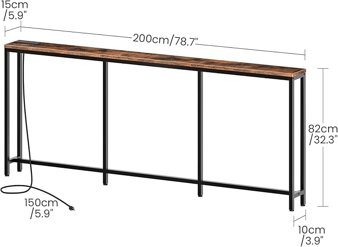 78.7" Console Table with Charging Station, Narrow Long Behind Couch Table, with 2 AC Outlets, 1 USB-A Port and 1 Type-C Port Rustic Brown and Black TXG30UBF