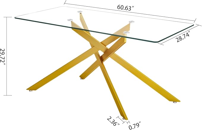 60" Glass Dining Table Modern Kitchen Table for 4-6 People, Contemporary Rectangular Dining Room Dinner Tables with Clear Glass Top & Gold Metal X Legs for Kitchen Apartment