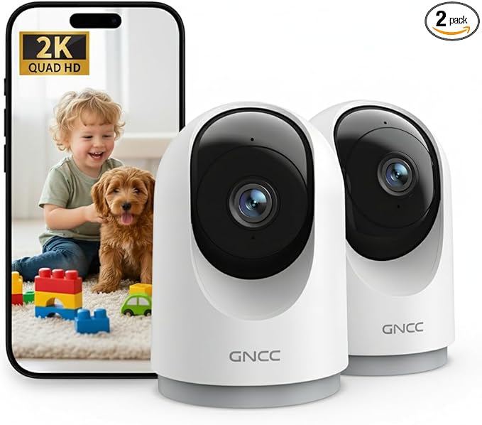 GNCC 2K Cameras for Home Security-Indoor Pan/Tilt Cameras for Baby Monitor/Pet Camera with Phone App, Night Vision, Motion Detection, 2-Way Audio, 24/7 SD Recordings, 2.4Ghz WiFi (2Pack)