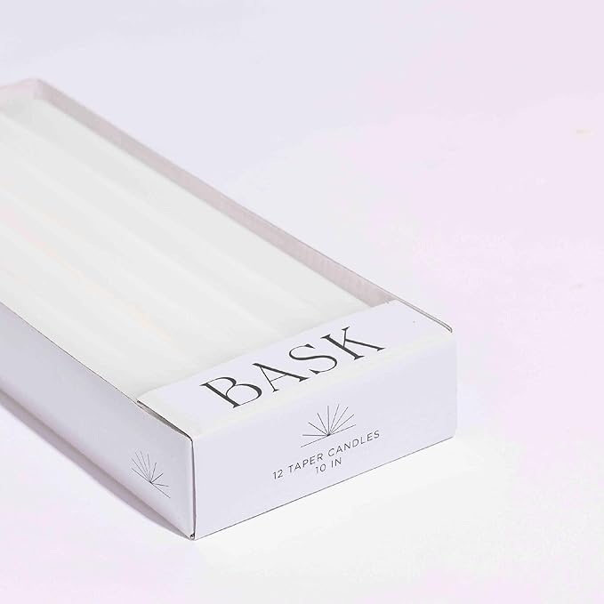 Bask 10-inch Taper Candles - Unscented and Dripless - Burns for 8 Hours - Home Decor for Dinner Table, Kitchen, and Bedroom - Perfect for a Romantic Date or Anniversary - 12-Pack - White