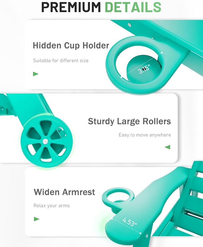 Lounge Chair Outdoor Set of 2, HDPE Chaise Chair Outdoor with 6-Position & Wheels &Cup Holder, Pool Lounge Chair for Pool Poolside Deck Backyard Patio, Lake Blue