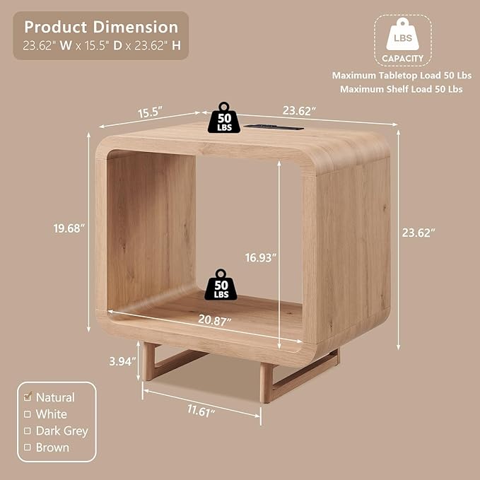 23.6" Modern End Table Set of 2, 2 Tier Side Table with Charging Station, Simple Bedside Table with Open Storage Shelf, Outlet, Wooden Nightstand for Bedroom, Living Room, Study, Natural Oak