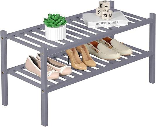 2 Tier Bamboo Shoe Rack for Closet Free Standing Wood Shoe Shelf for Entryway Small Space Stackable 27"x11"x13" (Grey)