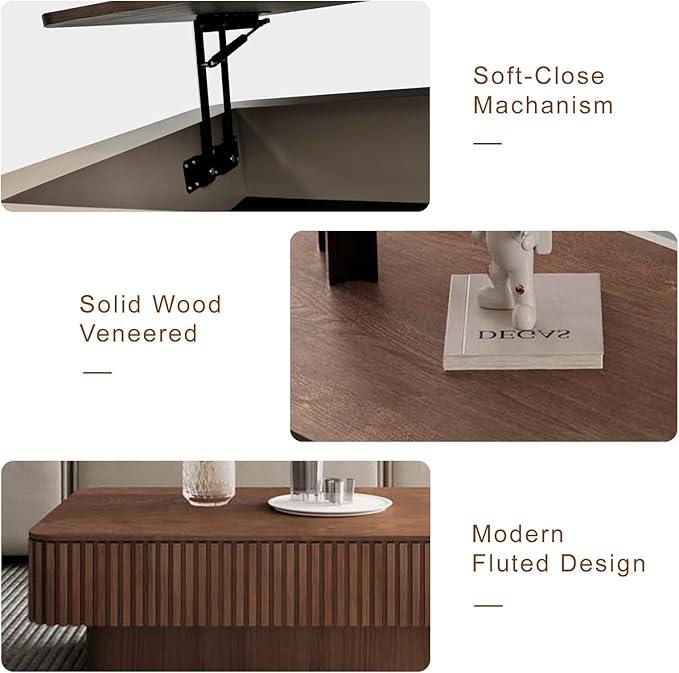 38.6" Lift Top Coffee Table with Storage, Fluted Coffee Table with Solid Wood Veneered, Mid Century Modern Wooden Center Table, Accent Tea Table for Living Room Apartment, Walnut