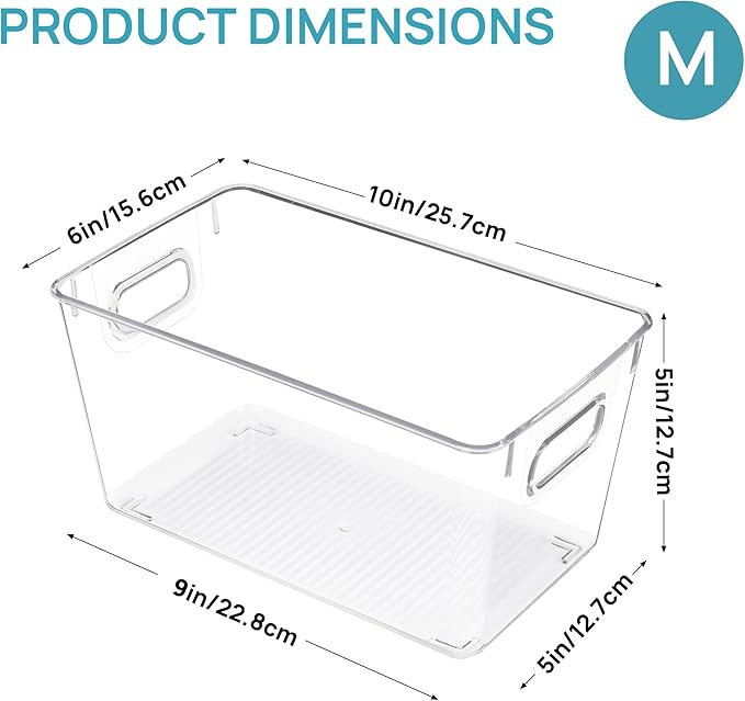 Vtopmart Clear Plastic Pantry Organizer Bins, 2 PCS Food Storage Bins with Handle for Refrigerator, Fridge, Cabinet, Kitchen, Countertops, Cupboard, Freezer Organization and Storage, BPA Free, Medium