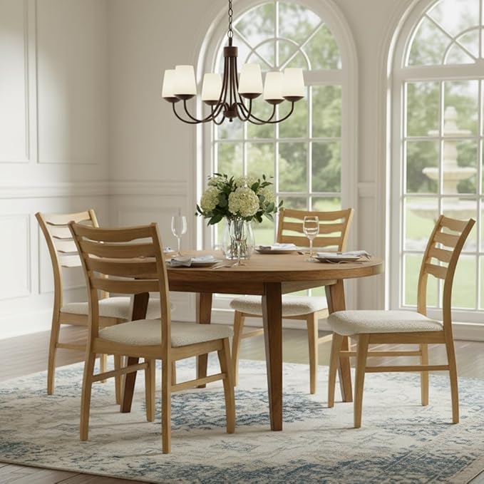 DUOMAY Farmhouse Dining Chairs Set of 4, Fur White Upholstered Side Chairs Solid Wood Ladder Back Kitchen Chairs for Home Dining Room, Light Browm Frame