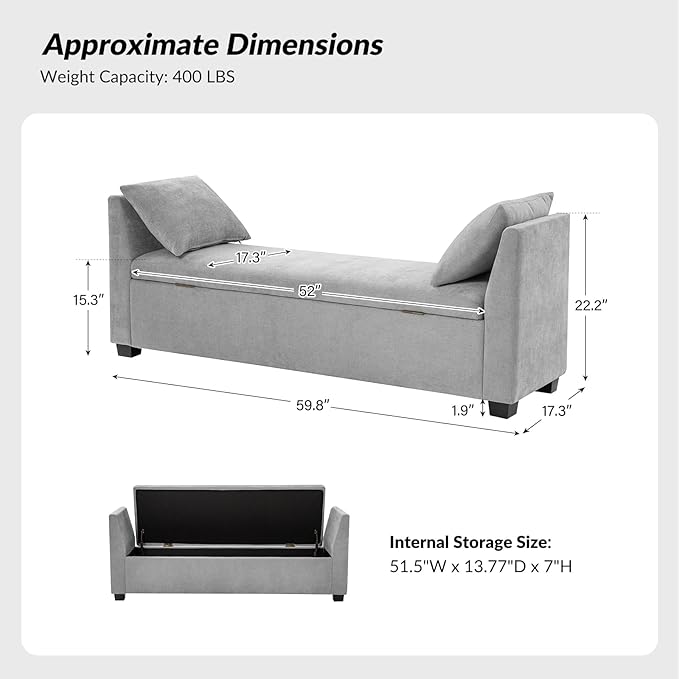 EcoHarbor Living 60" Storage Ottoman Bench with Pillows, Water Resistant Storage Bench End of Bed Upholstered Bedroom Entryway Storage Ottoman Foot Stools, Grey