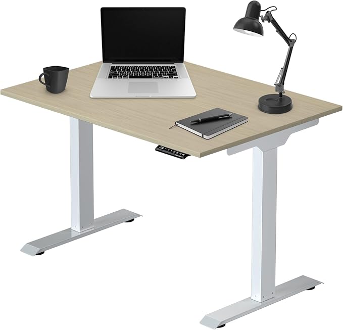 Progressive Desk Stand Up Electric Standing Desk, Compact Home Office Table, White Frame and Bright Beech MDF Tabletop Prime Ryzer 42" x 24"