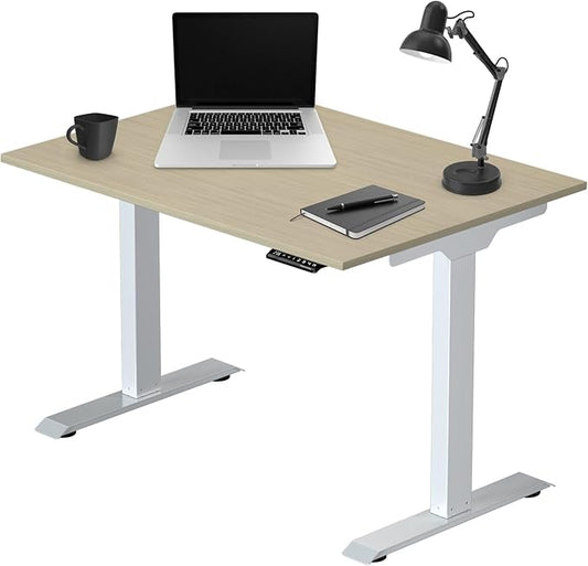 Progressive Desk Stand Up Electric Standing Desk, Compact Home Office Table, White Frame and Bright Beech MDF Tabletop Prime Ryzer 42" x 24"