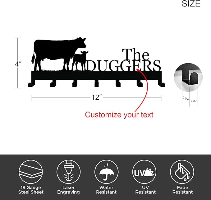 Personalized Key Holder with Name, Custom Metal Cattle Silhouette Key Rack Hanger, Wall Organizer with 7 Hooks for Entryway, Front Door, Hallway, Kitchen, Farmhouse Décor