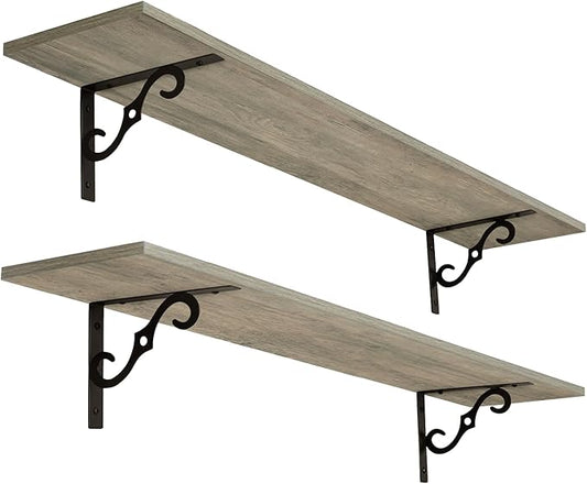 DINZI LVJ Long Wall Shelves, 47.3" Large Floating Shelves Set of 2, Farmhouse Display Shelf Wall Mounted with Heavy Duty Brackets, Easy Assembly for Kitchen, Bathroom, Bedroom, Balcony, Gray Wash
