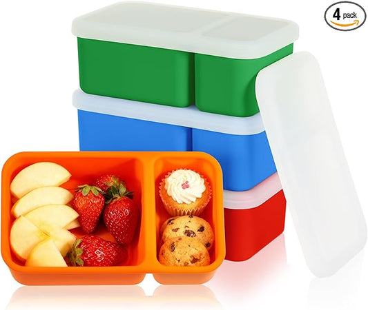 Roshtia 4 Pack Silicone Food Containers with Lids, Reusable Packs Bento Lunch Box for Meal Prep Food Storage, Microwave Dishwasher Safe(2 Compartment,Bright)