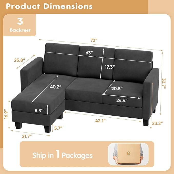 VICTONE Convertible Sectional Sofa Couch, 3 Seat L-Shaped Sofa with Linen Fabric Ottoman Small Couch for Small Apartments, Living Room and Office (Linen Fabric, Dark Gray)