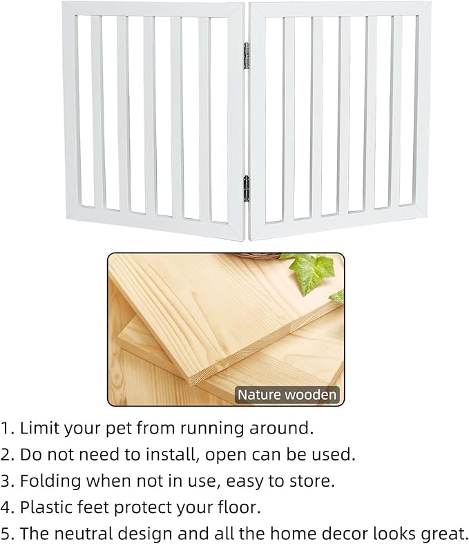 ZJSF Freestanding Indoor Dog Gate for House Foldable Wood White Puppy Gate for Doorways Pet Gate for Stairs Extra Wide Pet Fence 32" Height 2 Panels
