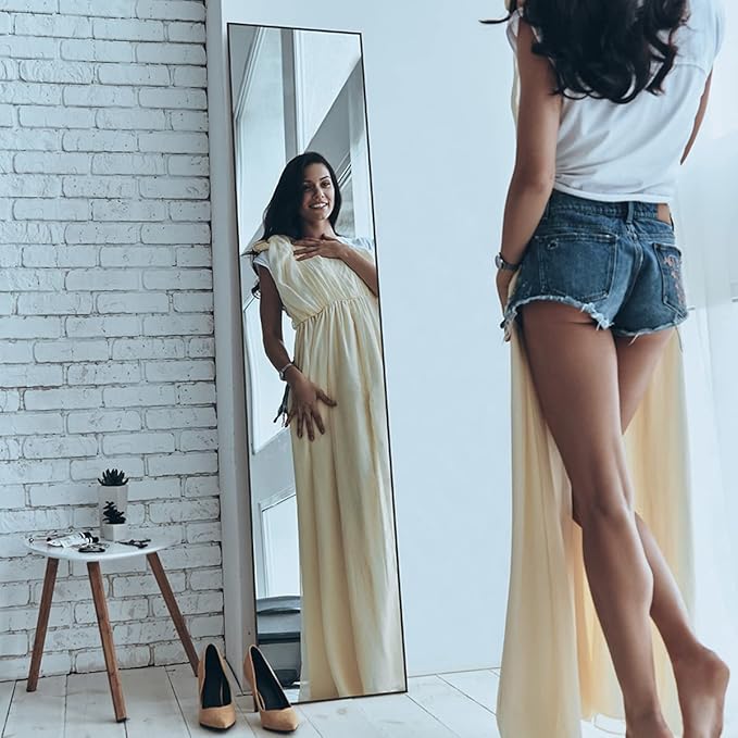 ANYHI Large Full Length Mirror, 65"x13.8" Door Mirror Full Length, 2 Hooks, Over The Door or Wall Monuted, Aluminum Frame, for Bedroom Bathroom Checkroom, Black