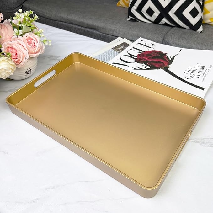 Gold Decorative Tray, Serving Tray with Handles, Plastic Rectangular Tray for Ottoman Coffee Table, Bathroom, Living Room. 15.7"*10.2"