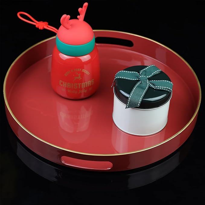 Red Round Decorative Tray with Handles, 13" Elegant Coffee Table Serving Tray for Ottoman Living Room, Bathroom, Outdoors, Breakfast