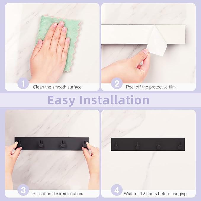 VIS'V Key Holder Wall Mount, Large Metal Self Adhesive Key Hanger with 4 Hooks, No Drilling, Extra Adhesive Strip, Black