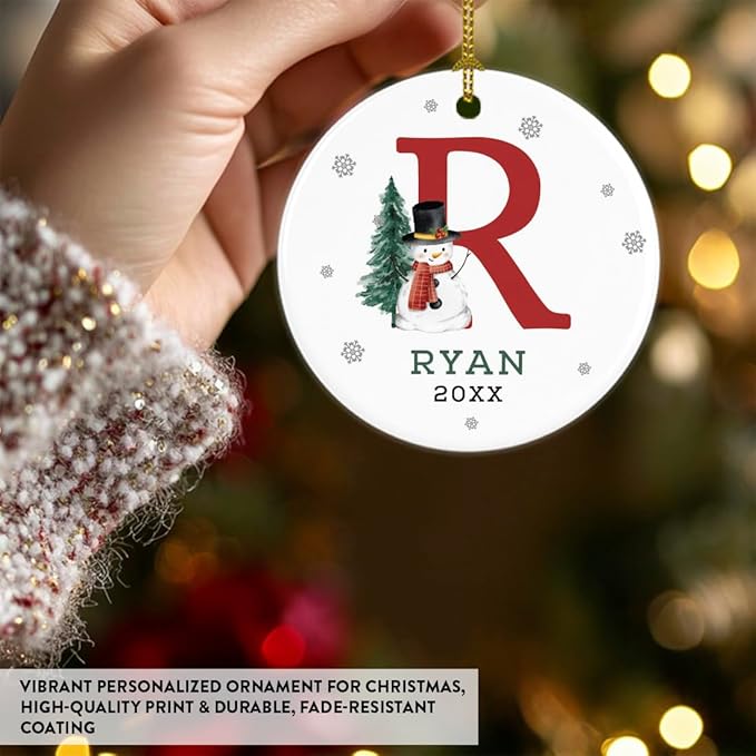 Andaz Press Personalized Christmas Ornaments, Custom Name, Initial R Monogram Snowman 2.8" Ceramic Porcelain 2025 Christmas Ornament Keepsake for Kids, Boys, Girls, 1-Pack Initial Ornaments