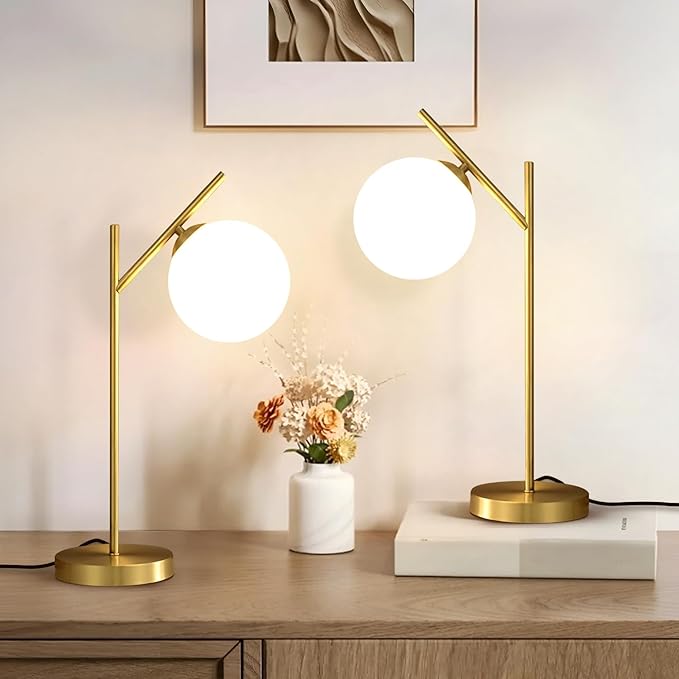 Globe Table Lamp Set of 2, Brass Glass Globe Desk Lamp with Milky White Glass Shade, Contemporary Metal Bedside lamp for Bedroom Living Room Study Room