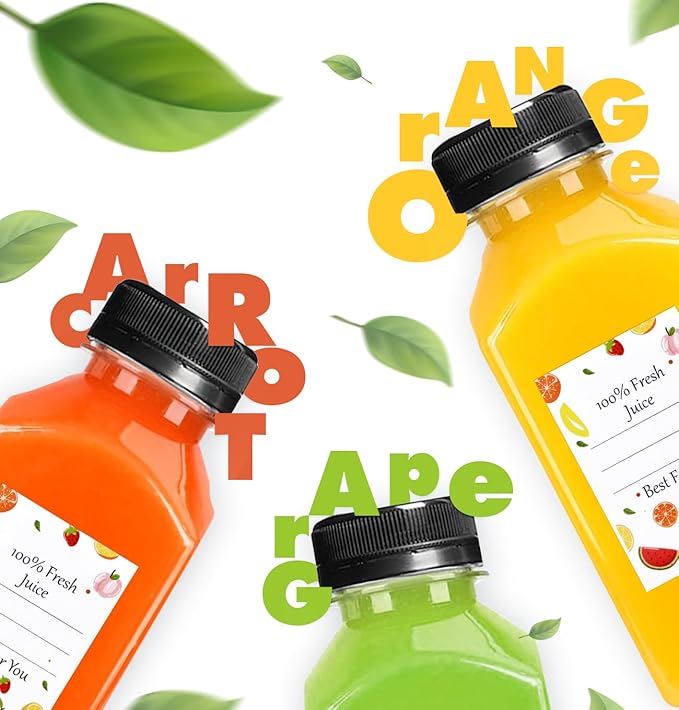 12pcs 8oz Plastic Juice Bottles, Reusable Juice Containers with Black Tamper Proof Lids, Brush, Funnel and Labels, Clear Water Bottles for Juicing, Smoothie and Homemade Beverages