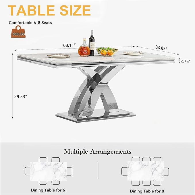 Goujxcy 68" Luxury Marble Dining Table for 6-8, Modern Rectangle White Faux Marble Kitchen Dining Room Table with Silver X-Shape Stainless Steel Pedestal Base for Kitchen Dining Room