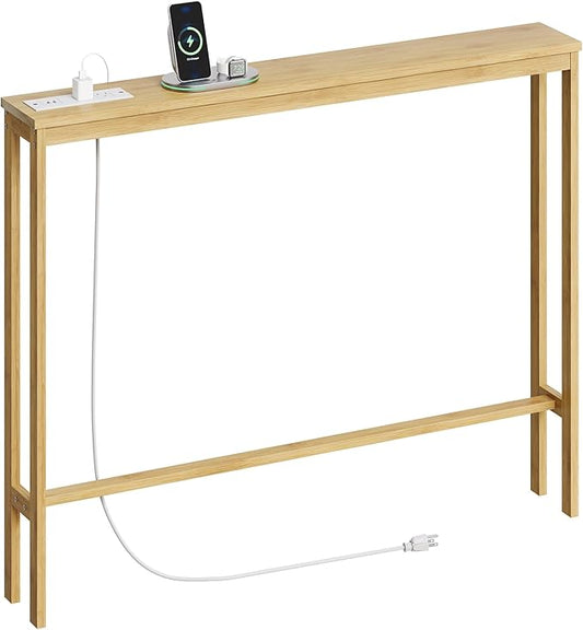 ELYKEN 5.9" Narrow Console Sofa Table with Power Outlets, 5.9" Dx39.4 Wx31.1 H Bamboo Behind Couch Table with Charge Station, Natural