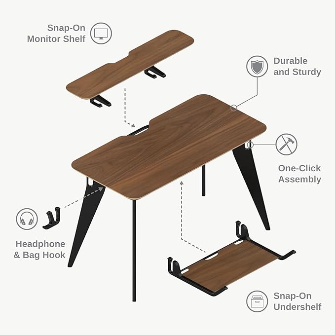 HOEK Desk Bundle, Modern Home Office Desk with 47.5" x 23", Integrated Monitor Shelf, Storage Shelf, Wall Cleat and Hook, Space-Saving, Portable Collapsible Table for Work and Study (Black/Black)