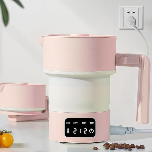 Travel Electric Kettle-Collapsible Portable Electric Kettle, 600W Foldable Small Water Boiler with 4-Temp Presets, Food Grade Silicone for Hotel, Office, Camping (Pink, 600mL)
