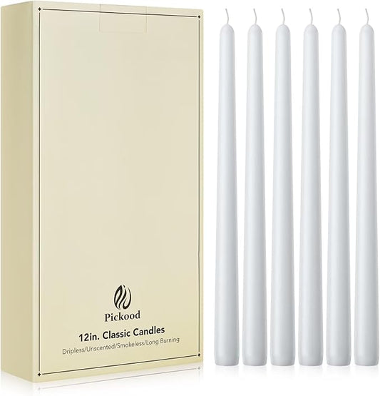 New Burning Formula Unscented Dripless 12-Inch Taper Candles Set of 12 - White, for Wedding, Dinner - Smokeless, Long Burning - Hand Poured, Colored Tall Candlesticks - Blancas