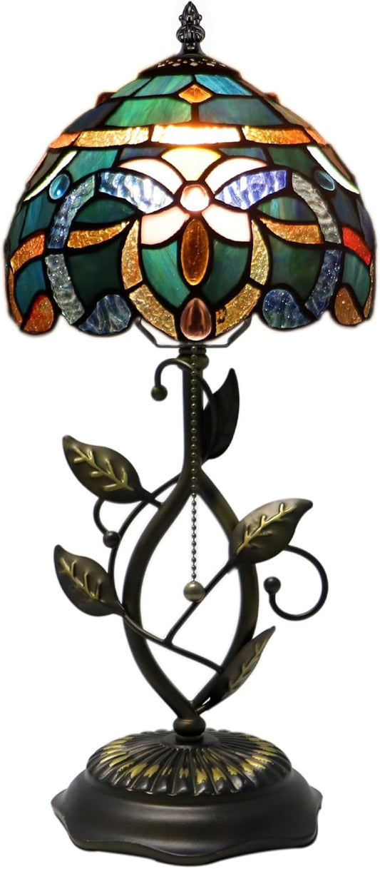 Small Tiffany Lamp Sea Blue Baroque Style Stained Glass Table Lamps Desk Bedside Reading Light 8X8X18 Inches with Bronze Metal Leaf Resin Base