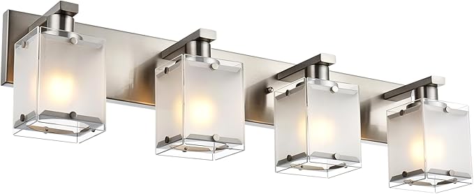 4-Lights Bathroom Light Fixtures Over Mirror, Brushed Nickel Vanity Wall Mounted Lighting with Frosted Glass for Kitchen Living Room, E26 Bulb Base