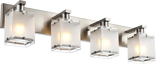 4-Lights Bathroom Light Fixtures Over Mirror, Brushed Nickel Vanity Wall Mounted Lighting with Frosted Glass for Kitchen Living Room, E26 Bulb Base