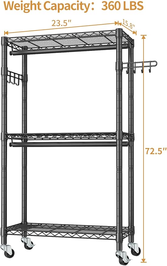 Heavy Duty Clothes Rack Rolling Garment Rack,3 Tier Adjustable Wire Shelving Clothing Racks for Hanging Clothes with Double Rods&Side Hooks,Freestanding Wardrobe Storage Rack Metal Portable Closet