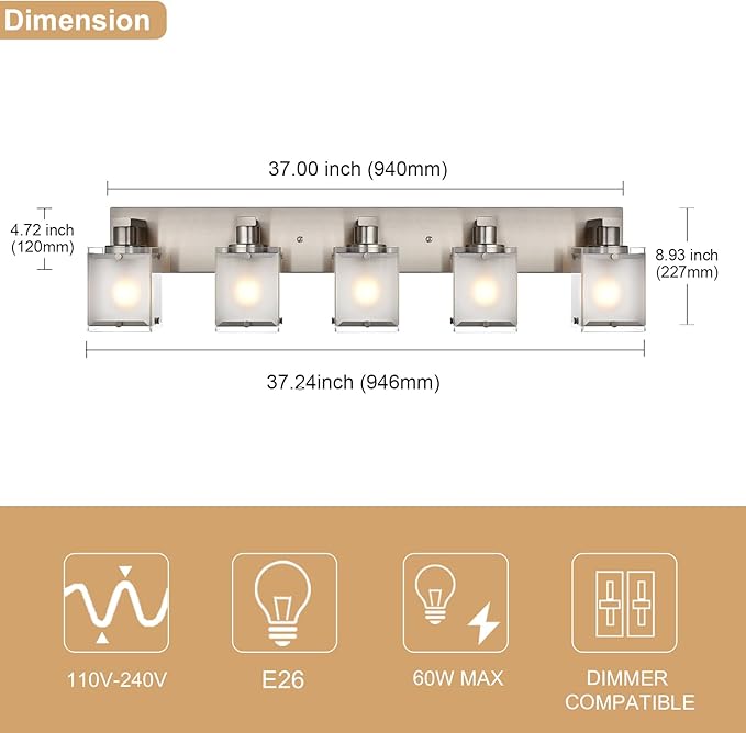 5-Lights Bathroom Vanity Light Fixtures, Modern Brushed Nickel Wall Sconce Lighting with Rectangular Frosted Glass Shades, E26 Bulb Base