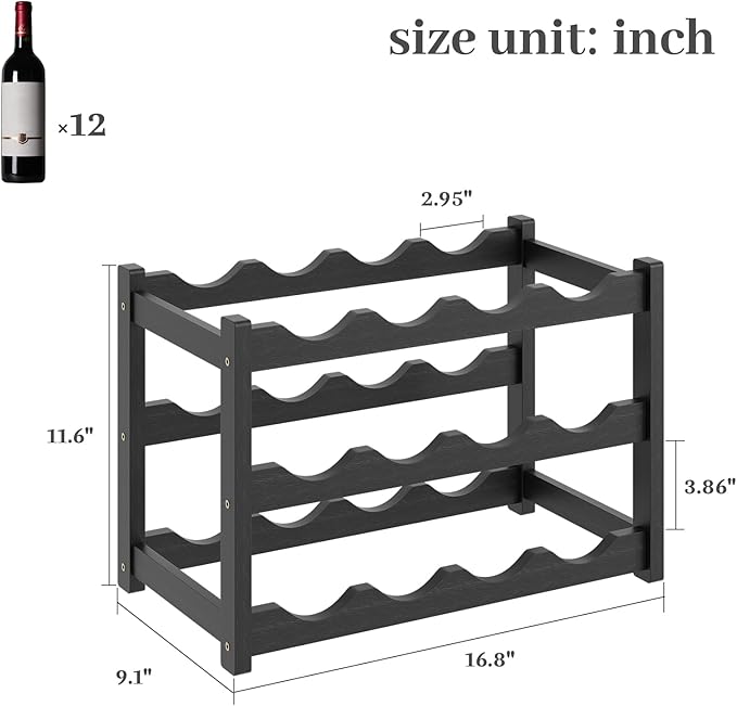 Wine Rack，Bamboo Wine Storage Cabinet Shelf，Countertop Wine Shelf- Freestanding Wine Holder for Kitchen & Pantry (Black, 3-Tier)