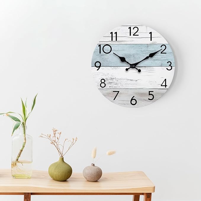 Wall Clock Silent Non-Ticking Wooden Clocks Battery Operated 8 Inch Small Country Retro Rustic and Beach Style Decorative for Kitchen, Home, Bathroom, Bedroom (Blue)