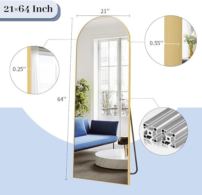BEAUTYPEAK 64"x21" Arch Floor Mirror, Full Length Wall Hanging or Leaning Arched-Top Full Body Mirror with Stand for Bedroom, Dressing Room, Gold