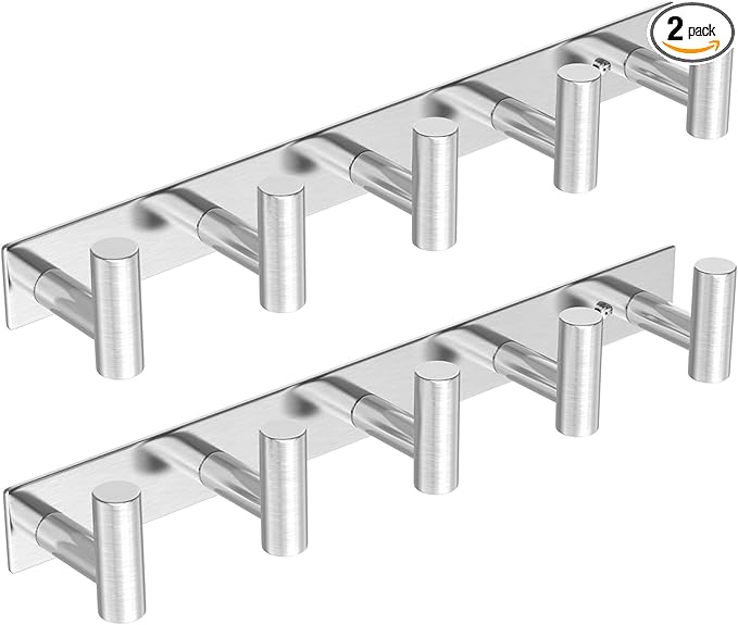 HUFEEOH Coat Hooks Wall Mount, 2 Pack T Shaped 5 Hooks Stainless Steel Wall Hooks Silver Towel Rack for Hanging, Heavy Duty Key Holder Hat Rack Used for Bathroom