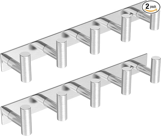 HUFEEOH Coat Hooks Wall Mount, 2 Pack T Shaped 5 Hooks Stainless Steel Wall Hooks Silver Towel Rack for Hanging, Heavy Duty Key Holder Hat Rack Used for Bathroom