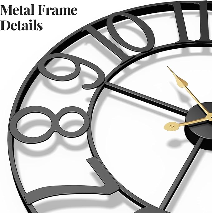 Cuspin Large Wall Clock, 24 Inch Black Decorative Wall Clock for Living Room, Modern Metal Battery-Operated Arabic Numerals Round Clocks Silent Non Ticking for Kitchen Mantel Bedroom Office