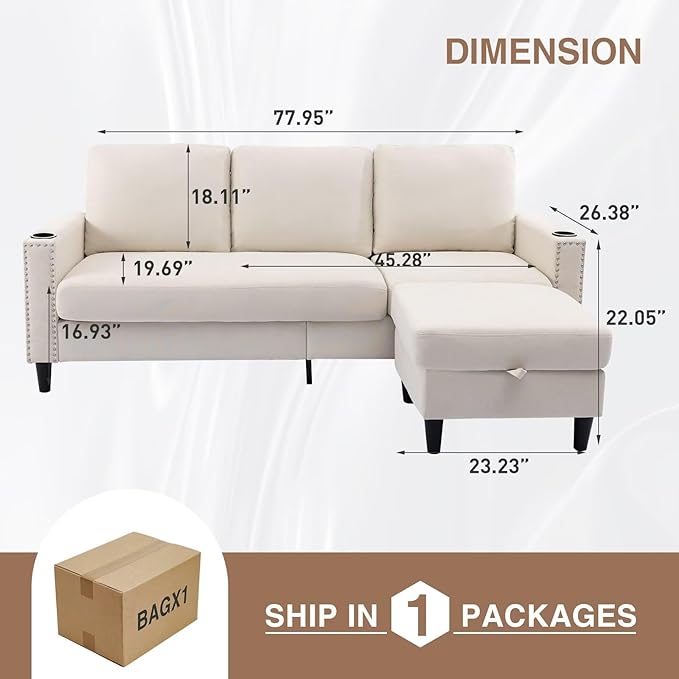 Sectional Couches for Living Room, L Shaped Couch with Storage Ottoman, Small Sofa Comfy Couch with 2 Cup Holders, Modern 3 Seater Convertible Sofas for Apartment, Office, Beige