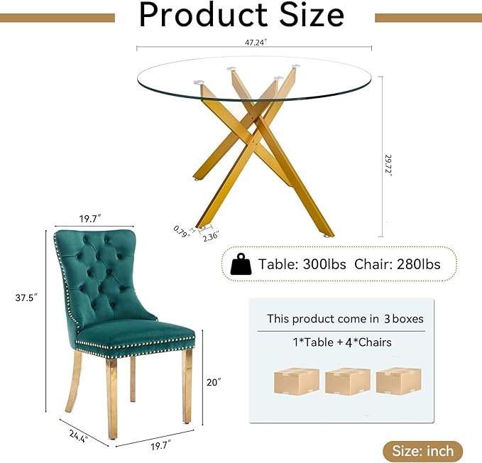 Goujxcy Round Dining Table Set for 4, Modern Glass Kitchen Table and Chairs Set of 4, 5-Piece Dining Room Table Set w/47 Circle Gold Glass Dining Table and 4 Upholstered Velvet Chairs