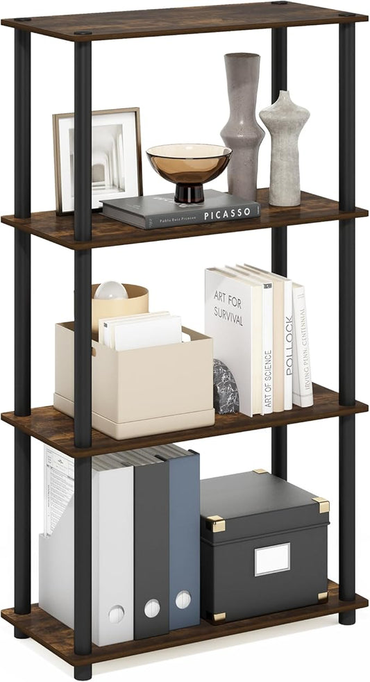 Furinno TURN-N-TUBE Storage Shelves, 4-Tier Toolless Book Shelf, Corner Shelf, Toolless Open Shelves, for Organization and Storage, Living Room, Garage, Home Office, Amber Pine