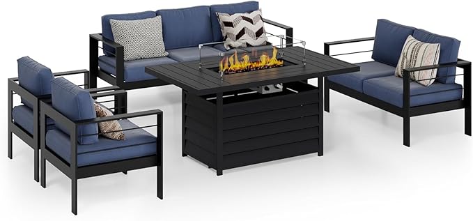 Wisteria Lane Aluminum Patio Furniture Set, 7 Seats Metal Outdoor Furniture Set with CSA Certified 54in Propane Gas Fire Pit Table, Patio Conversation Set with 5in Olefin Cover Cushions (Blue)