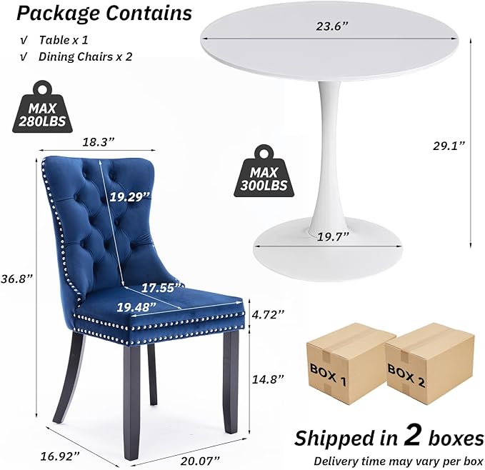 SoarFlash Kitchen Table and Chairs for 2, 24" Dining Table Set for 2 with Velvet Upholstered Chairs, 3 Piece Round Kitchen Table Set, Dining Room Table Set for Small Space, Apartment, Blue/White