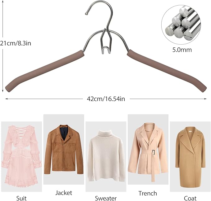 VWV Hangers, Space Saving Hanger, Heavy-Duty Stainless Steel Sweater and Shirt Hanger, Wardrobe Organizer (Brown, 10 Pack)